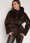 Brązowa Kurtka Futerko z Kapturem i Wiązanym Paskiem Zetara