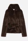 Brązowa Kurtka Futerko z Kapturem i Wiązanym Paskiem Zetara