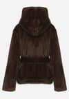 Brązowa Kurtka Futerko z Kapturem i Wiązanym Paskiem Zetara