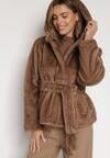 Jasnobrązowa Kurtka Futerko z Kapturem i Wiązanym Paskiem Zetara