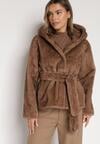 Jasnobrązowa Kurtka Futerko z Kapturem i Wiązanym Paskiem Zetara