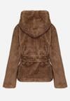 Jasnobrązowa Kurtka Futerko z Kapturem i Wiązanym Paskiem Zetara