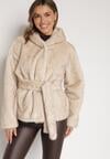 Beżowa Kurtka Futerko z Kapturem i Wiązanym Paskiem Zetara