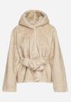 Beżowa Kurtka Futerko z Kapturem i Wiązanym Paskiem Zetara