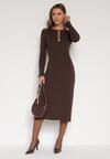 Brązowa Dopasowana Sukienka z Prążkowanej Dzianiny z Wiskozą z Aplikacjami Tusmana