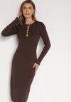 Brązowa Dopasowana Sukienka z Prążkowanej Dzianiny z Wiskozą z Aplikacjami Tusmana
