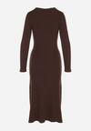 Brązowa Dopasowana Sukienka z Prążkowanej Dzianiny z Wiskozą z Aplikacjami Tusmana