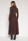 Brązowa Rozkloszowana Sukienka z Dzianiny z Wiskozą z Długim Rękawem i Paskiem Tusmina