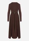 Brązowa Rozkloszowana Sukienka z Dzianiny z Wiskozą z Długim Rękawem i Paskiem Tusmina