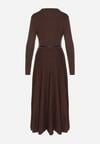 Brązowa Rozkloszowana Sukienka z Dzianiny z Wiskozą z Długim Rękawem i Paskiem Tusmina