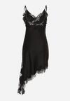 Czarna Asymetryczna Sukienka z Satyny Ozdobiona Koronką Monivea