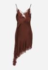 Brązowa Asymetryczna Sukienka z Satyny Ozdobiona Koronką Monivea