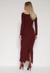 Bordowa Dopasowana Sukienka z Ozdobnym Marszczeniem Trenem i Rozcięciem Alutria