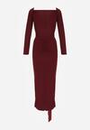 Bordowa Dopasowana Sukienka z Ozdobnym Marszczeniem Trenem i Rozcięciem Alutria
