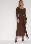 Brązowa Dopasowana Sukienka z Ozdobnym Marszczeniem Trenem i Rozcięciem Alutria
