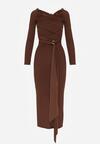 Brązowa Dopasowana Sukienka z Ozdobnym Marszczeniem Trenem i Rozcięciem Alutria