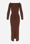Brązowa Dopasowana Sukienka z Ozdobnym Marszczeniem Trenem i Rozcięciem Alutria