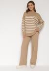 Ciemnobeżowy Komplet z Wełną i Bawełną Sweter w Paski i Szerokie Spodnie Neveena