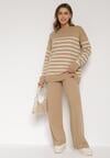 Ciemnobeżowy Komplet z Wełną i Bawełną Sweter w Paski i Szerokie Spodnie Neveena