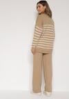 Ciemnobeżowy Komplet z Wełną i Bawełną Sweter w Paski i Szerokie Spodnie Neveena