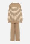 Ciemnobeżowy Komplet z Wełną i Bawełną Sweter w Paski i Szerokie Spodnie Neveena