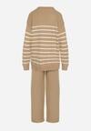 Ciemnobeżowy Komplet z Wełną i Bawełną Sweter w Paski i Szerokie Spodnie Neveena
