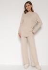 Beżowy Dzianinowy Komplet z Bawełną i Wełną Długi Sweter i Szerokie Spodnie Reinesa