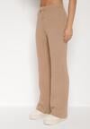 Beżowe Prążkowane Spodnie z Wełną o Szerokim Kroju z Wysokim Stanem Reinnia