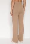 Beżowe Prążkowane Spodnie z Wełną o Szerokim Kroju z Wysokim Stanem Reinnia