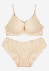 Jasnobeżowy Komplet Biustonosz i Majtki Typu Figi Ozdobiony Koronką Ezivane