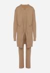 Ciemnobeżowy Komplet Dzianinowy z Bawełną Spodnie Kamizelka i Długi Kardigan Meviravia