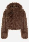 Brązowa Kurtka Futerko na Suwak z Kapturem Zetale