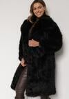 Czarny Jednorzędowy Płaszcz Futro z Szerokim Kołnierzem Wedinalia