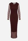 Bordowa Dopasowana Sukienka Koronkowa z Długim Rękawem Zenika