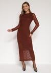 Brązowa Dopasowana Sukienka Koronkowa z Długim Rękawem Zenika
