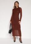 Brązowa Dopasowana Sukienka Koronkowa z Długim Rękawem Zenika
