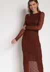Brązowa Dopasowana Sukienka Koronkowa z Długim Rękawem Zenika