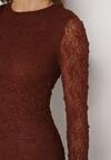 Brązowa Dopasowana Sukienka Koronkowa z Długim Rękawem Zenika