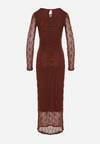 Brązowa Dopasowana Sukienka Koronkowa z Długim Rękawem Zenika