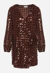 Brązowa Kopertowa Sukienka z Wiązaniem Zdobiona Cekinami Wedelessa