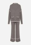 Szary Dzianinowy Komplet Szerokie Spodnie i Sweter z Kieszonkami i Lamówką Wedisena