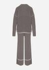 Szary Dzianinowy Komplet Szerokie Spodnie i Sweter z Kieszonkami i Lamówką Wedisena