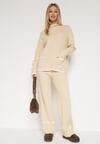 Jasnobeżowy Dzianinowy Komplet Szerokie Spodnie i Sweter z Kieszonkami i Lamówką Wedisena