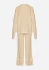 Jasnobeżowy Dzianinowy Komplet Szerokie Spodnie i Sweter z Kieszonkami i Lamówką Wedisena
