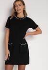Czarna Trapezowa Sukienka Sweterkowa Ozdobiona Perełkami Eletusa