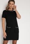 Czarna Trapezowa Sukienka Sweterkowa Ozdobiona Perełkami Eletusa