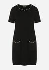 Czarna Trapezowa Sukienka Sweterkowa Ozdobiona Perełkami Eletusa