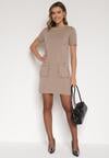 Beżowa Trapezowa Sukienka Sweterkowa Ozdobiona Perełkami Eletusa