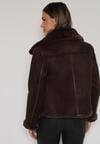 Brązowa Kurtka Biker z Imitacji Zamszu z Futrzanymi Mankietami i Kołnierzem Awedine
