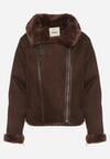 Brązowa Kurtka Biker z Imitacji Zamszu z Futrzanymi Mankietami i Kołnierzem Awedine